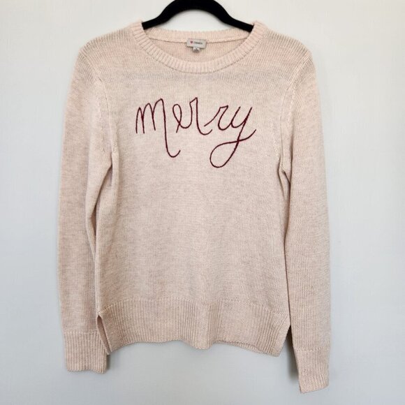 Cremieux Sweaters - Minimalist 'Merry' Christmas Sweater Cream Red Wool Blend Crew Neck Knit